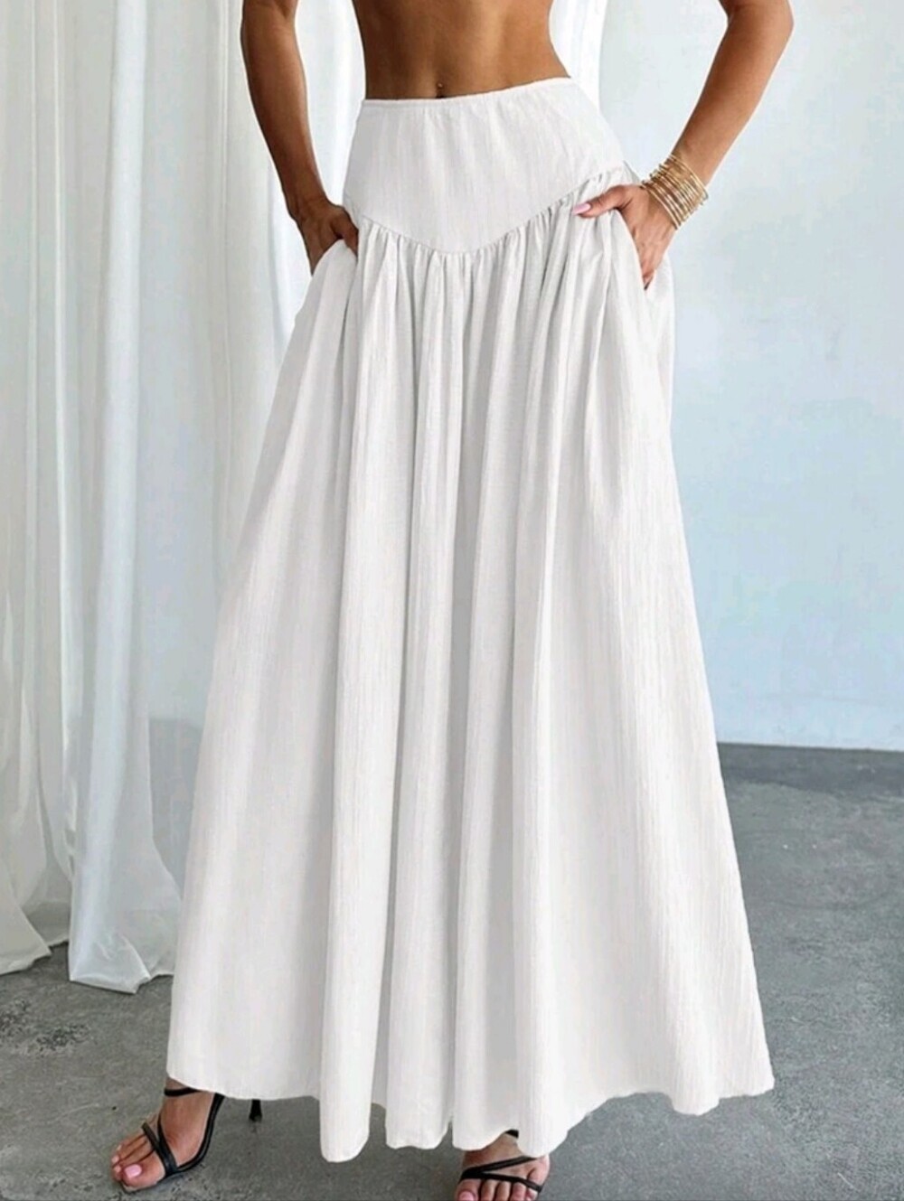 Women's Ruched High Waist A-Line Elegant Pocketed Skirt